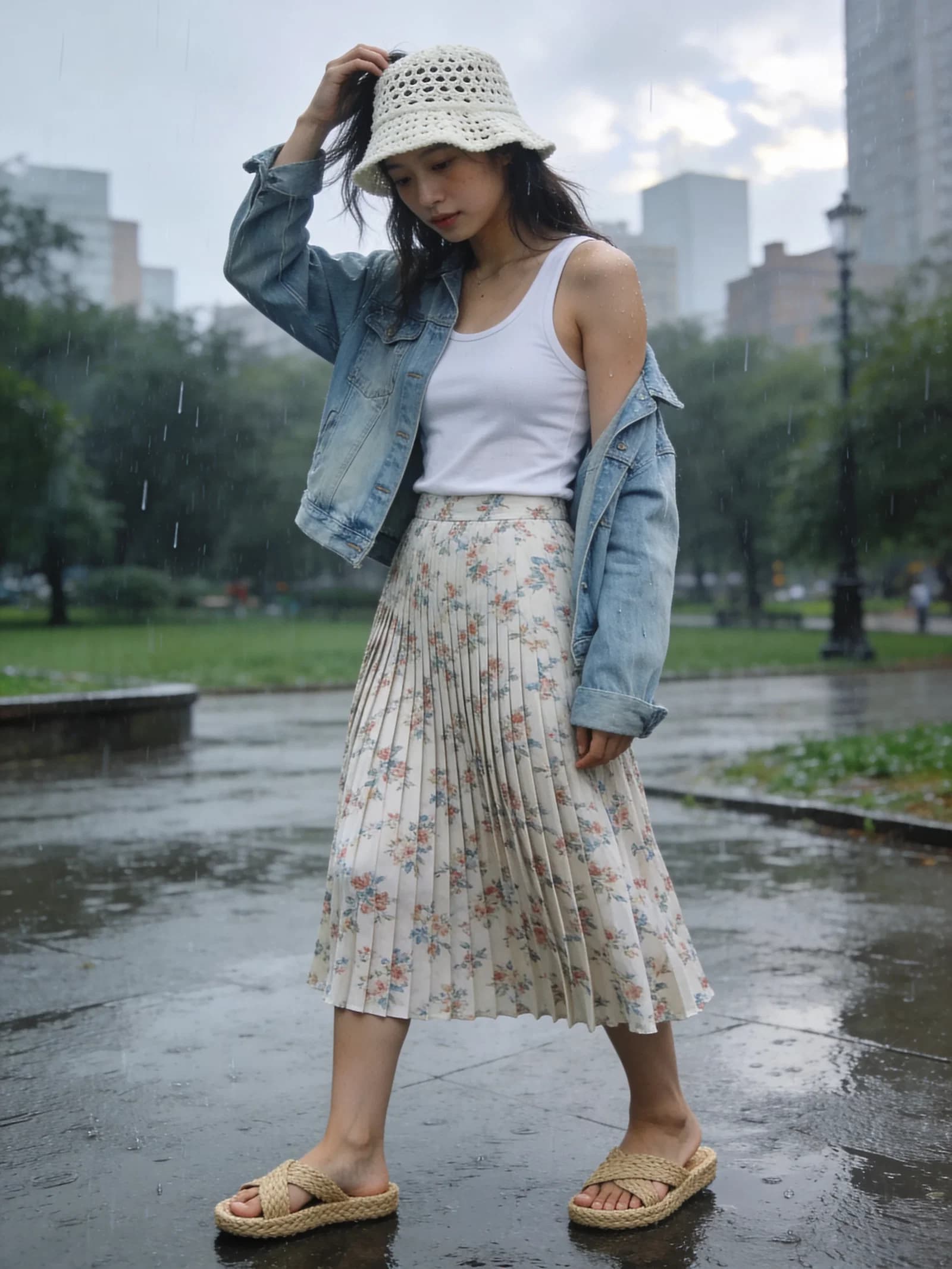 Denim Jacket Floral Rain