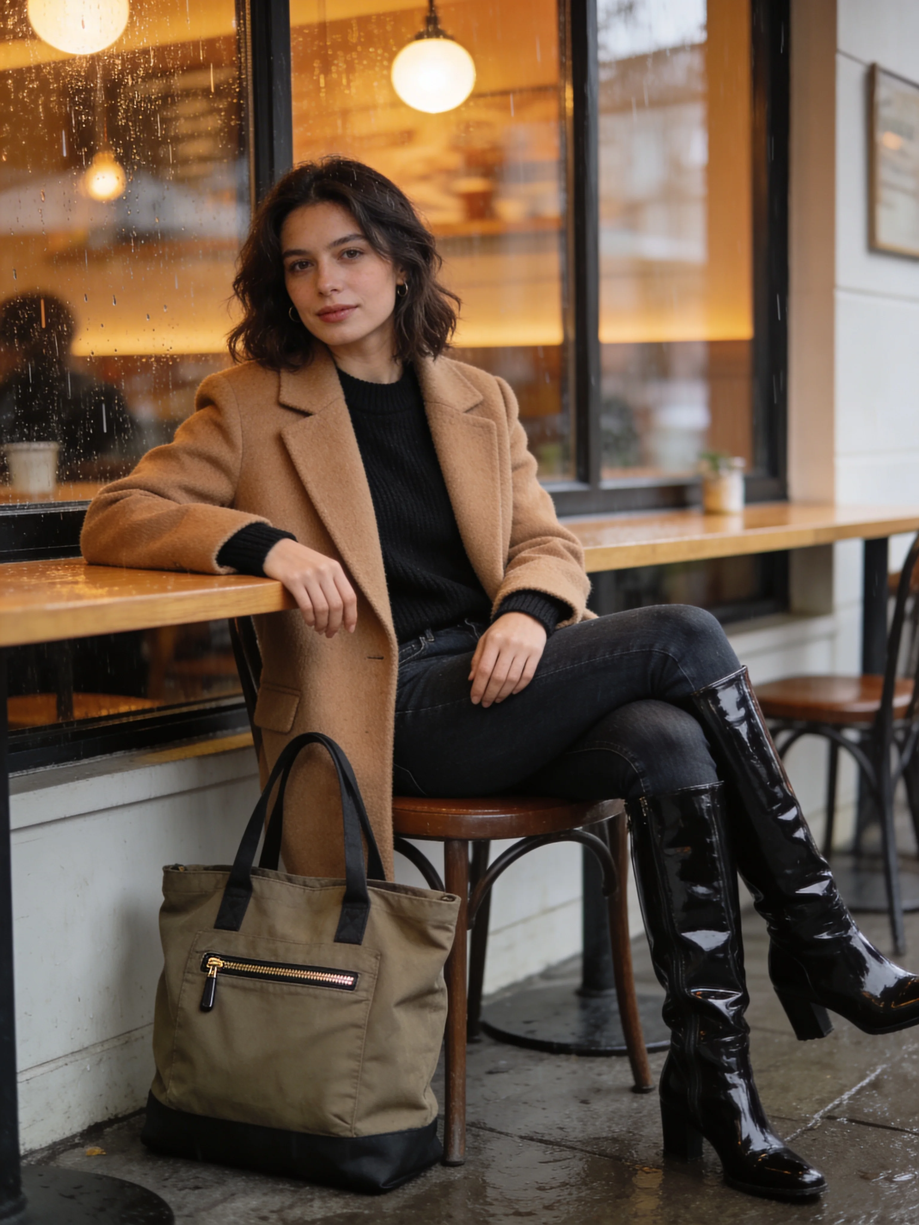 Camel Coat Patent Thigh