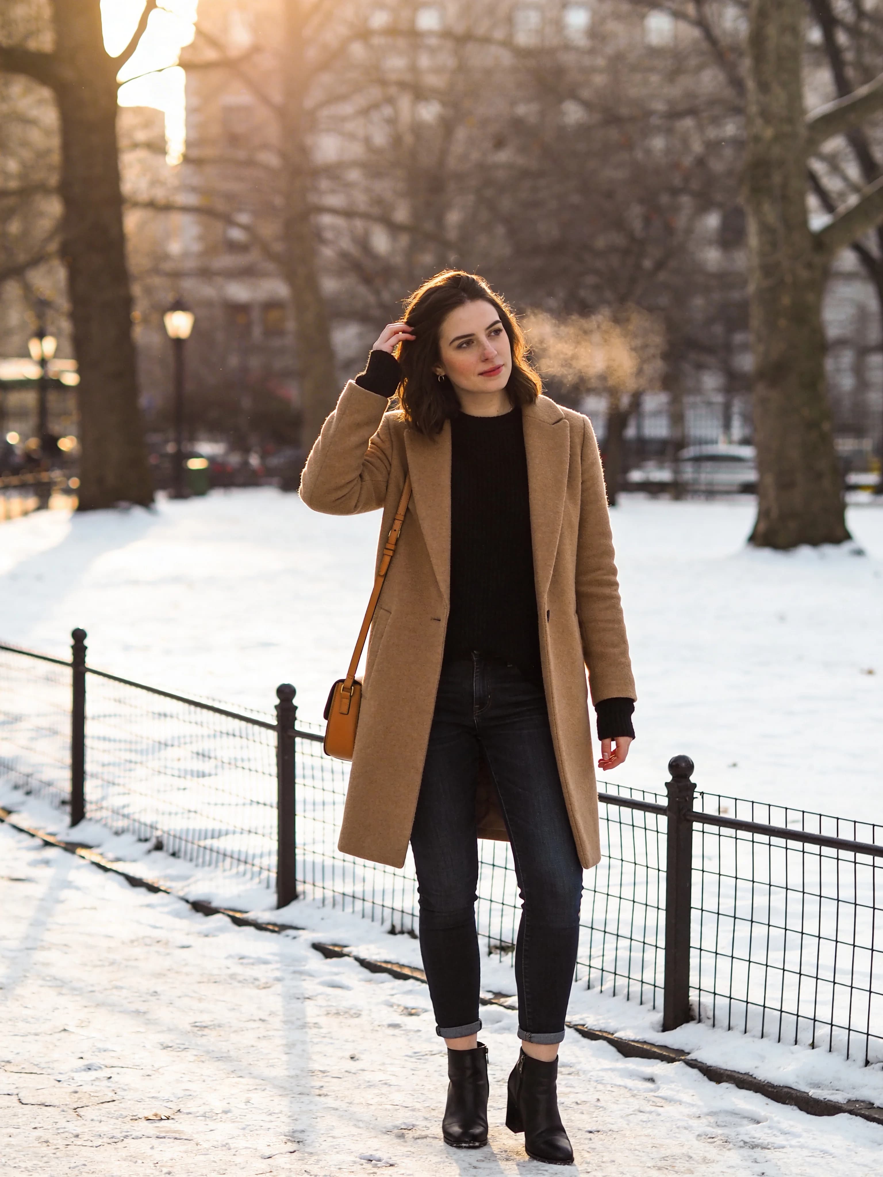 Camel Coat Snow Commute
